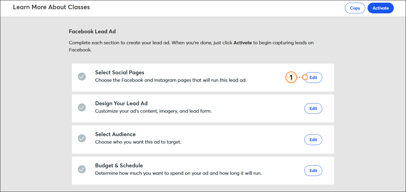 FacebookLead Ad Select Social Pages section and Edit button FacebookLead Ad Select Social Pages section and Edit button
