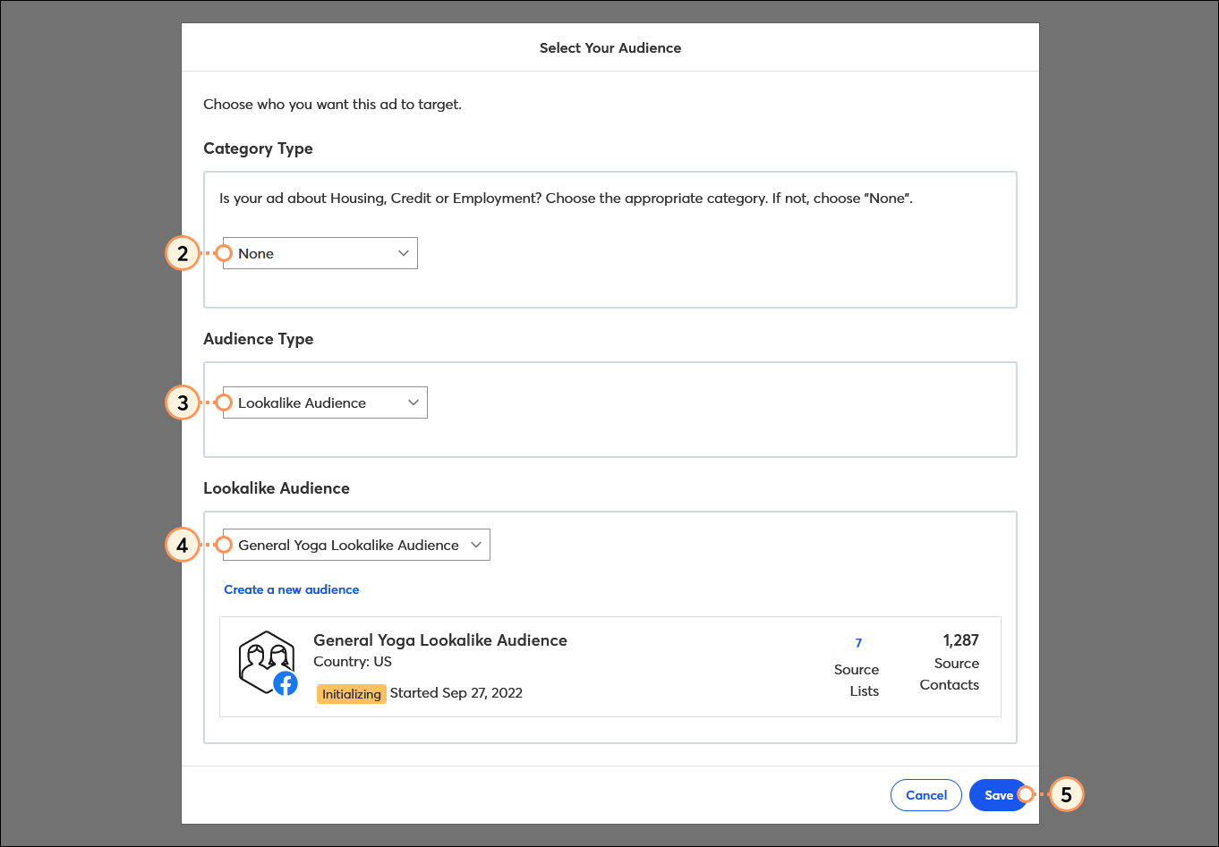 Category Type Drop-down Menu and None Option, Audience Type Drop-down Menu and Existing Lookalike Audience Option, Select Lookalike Audience Drop-down Menu, and Save Button