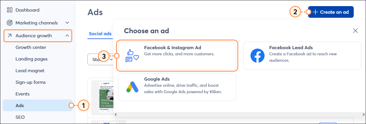 Choose an Ad overlay with Facebook & Instagram Ad option selected Choose an Ad overlay with Facebook & Instagram Ad option selected