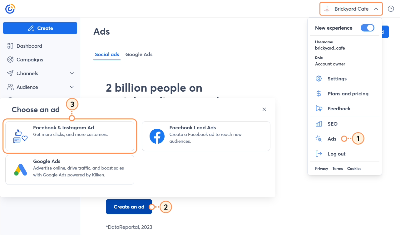 Choose an Ad overlay with Facebook & Instagram Ad option selected