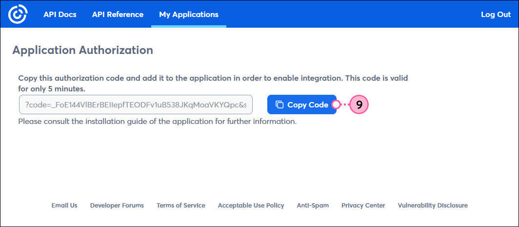 Constant Contact My Applications tab with Application Authoriztion page, authorization code field, and Copy Code button