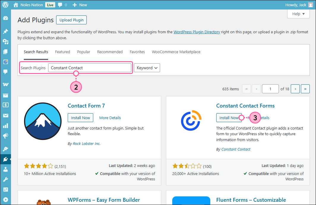 Add Plugins page, Search Plugins field with Constant Contact as search term, and Constant Contact Forms plugin with Install Now button