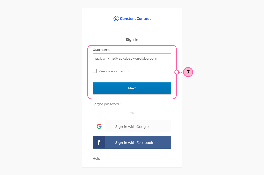 Constant Contact Sign In page with Username field and Next button