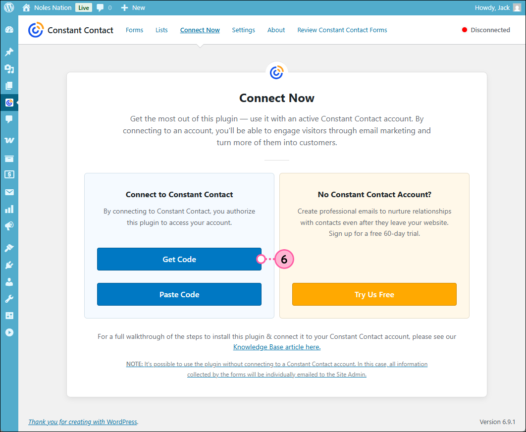 Constant Contact Forms plugin page with Connect Now tab selected, Connect to Constant Contact tile with Get Code button