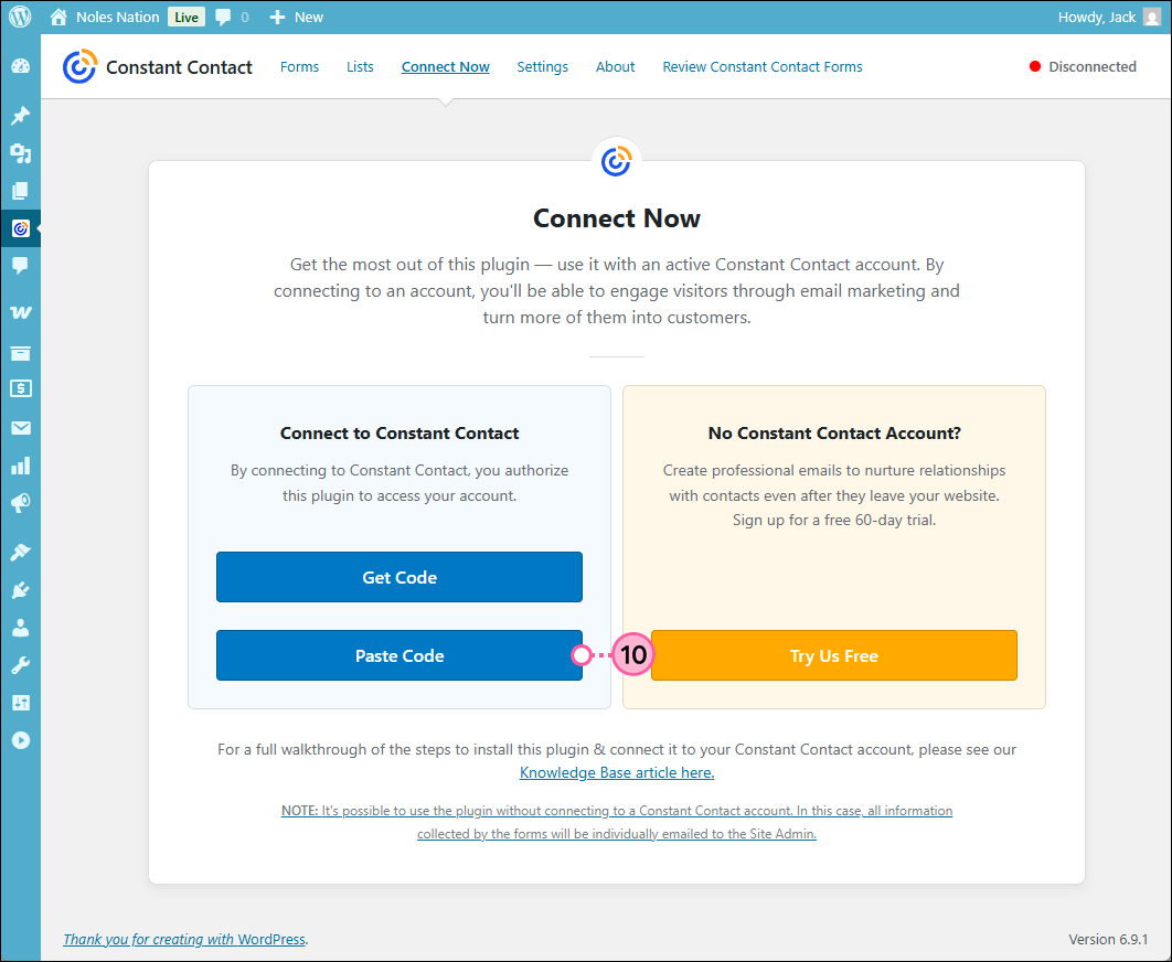 Constant Contact Forms plugin page with Connect Now tab selected, Connect to Constant Contact tile with Paste Code button