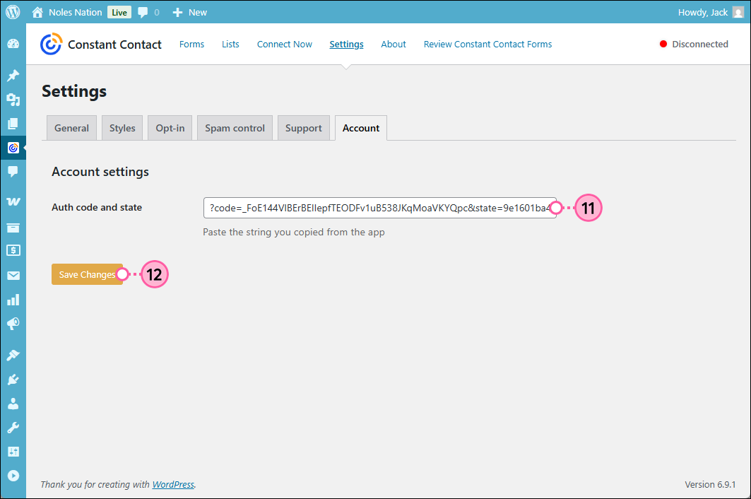Constant Contact Forms plugin Settings with Account tab selected, Account settings with Auth code and state field, and Save Changes button
