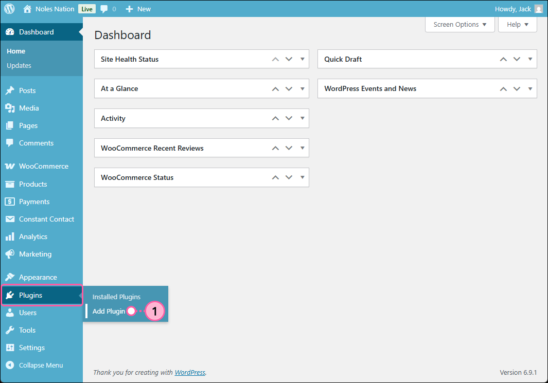 Wordpress dashboard with side menu epanded, Plugins menu expaned and Add plugin option selected