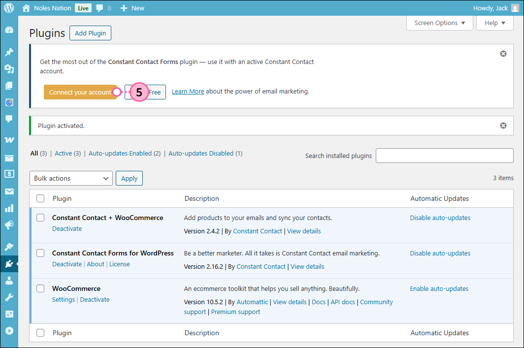Plugins page with Constant Contact Forms plugin and Connect your account button