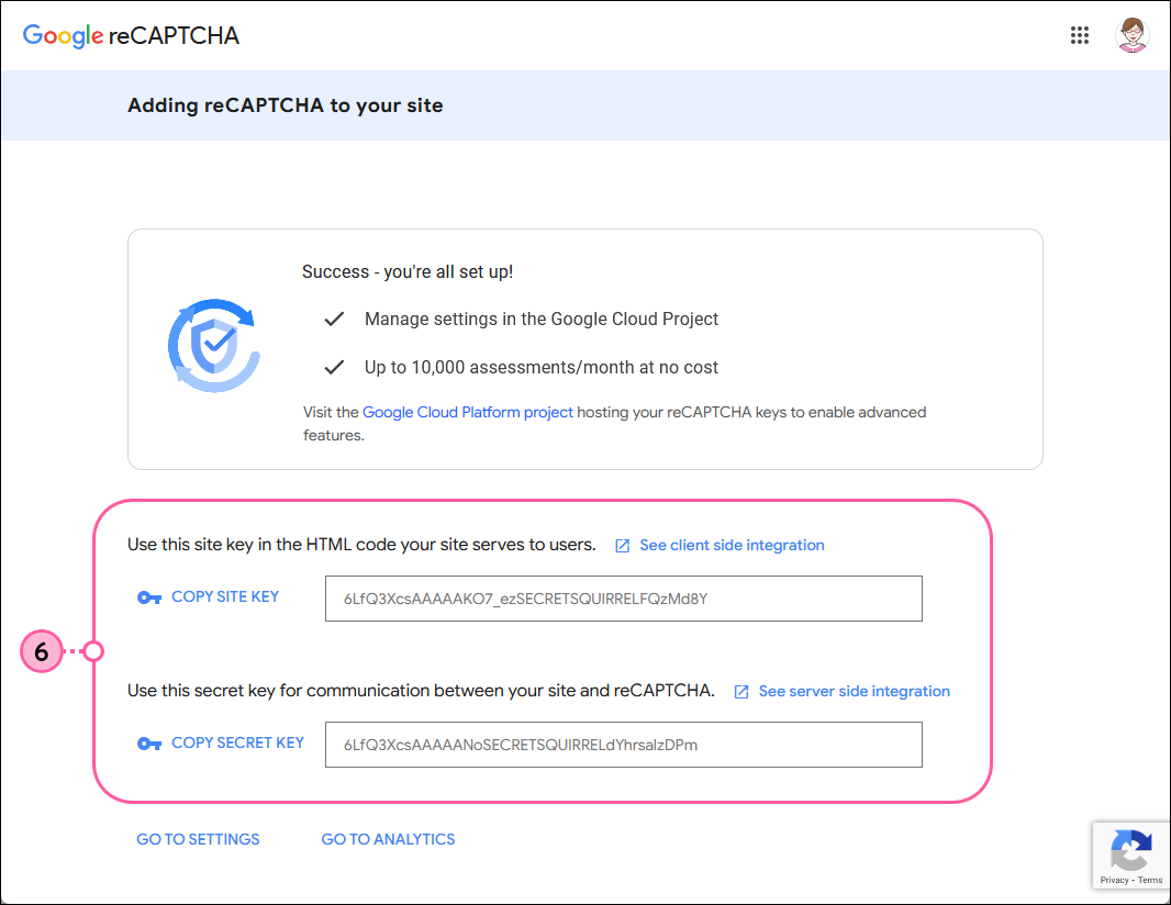 Site Key and Secret Key fields