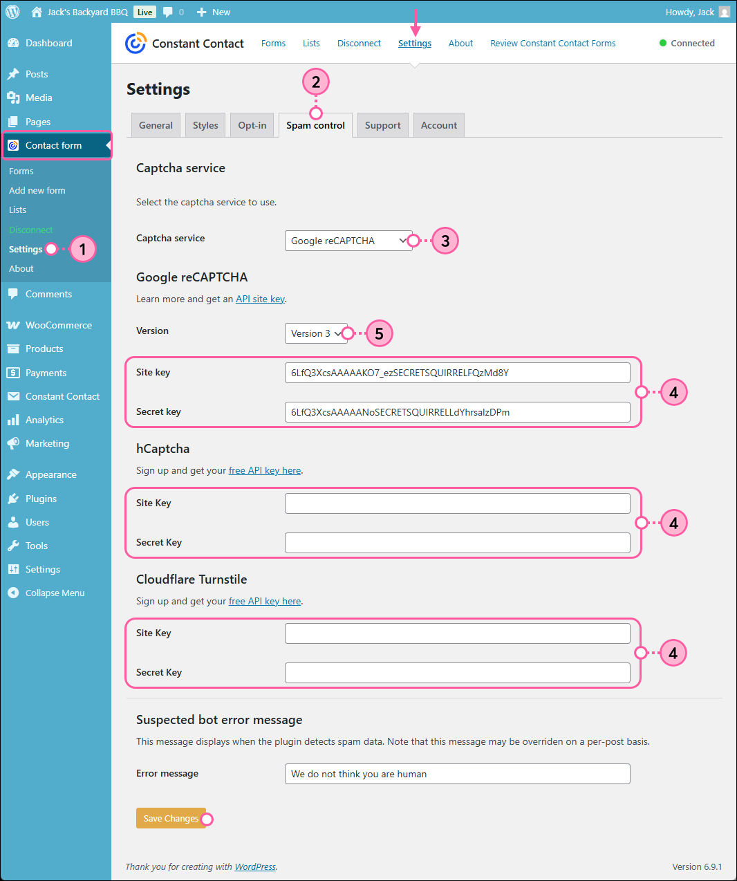 Wordpress Contact Form menu expanded and Settings option, Spam Control tab, Version drop-down menu, Site Key and Secret Key fields, and Save Changes button