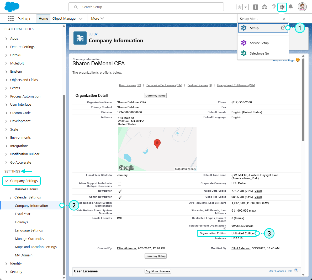 Salesforce Setup Menu Expanded and Setup Option, Company Settings Menu and Company Information Option, and Organization Edition Field