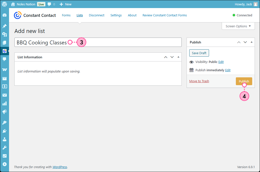 Contact Forms List page with List name field and Publish button
