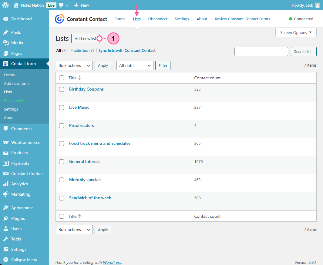 Contact form menu with Lists option selected, Lists page with Lists tab selected, and Add new list button