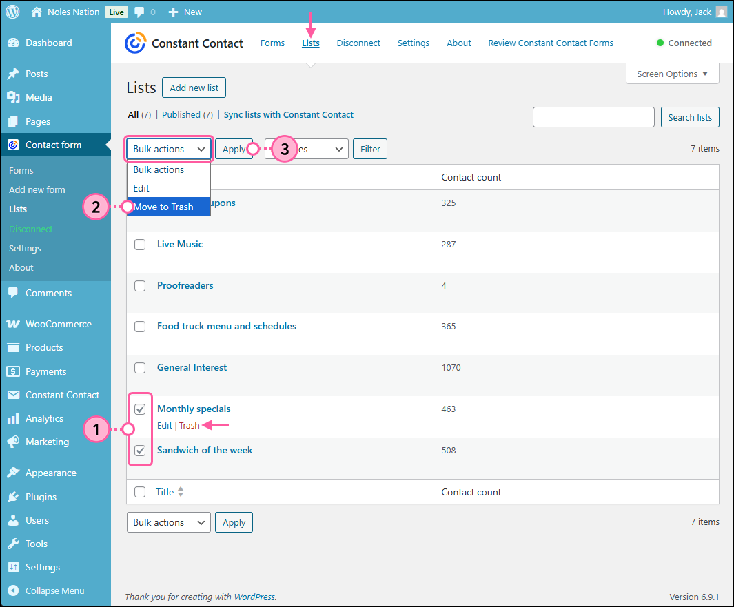 Contact form menu with Lists option selected, Lists page with Lists tab selected, Multiple lists selected with individual list options visible, Bulk actions menu expanded an Move to Trash option selected, and Apply button