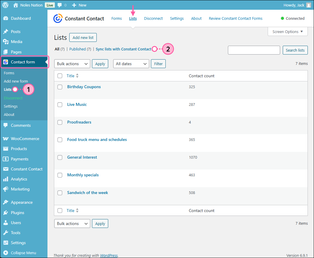 Contact form menu with Lists option selected, Lists page with Lists tab selected, and Sync lists with Constant Contact link
