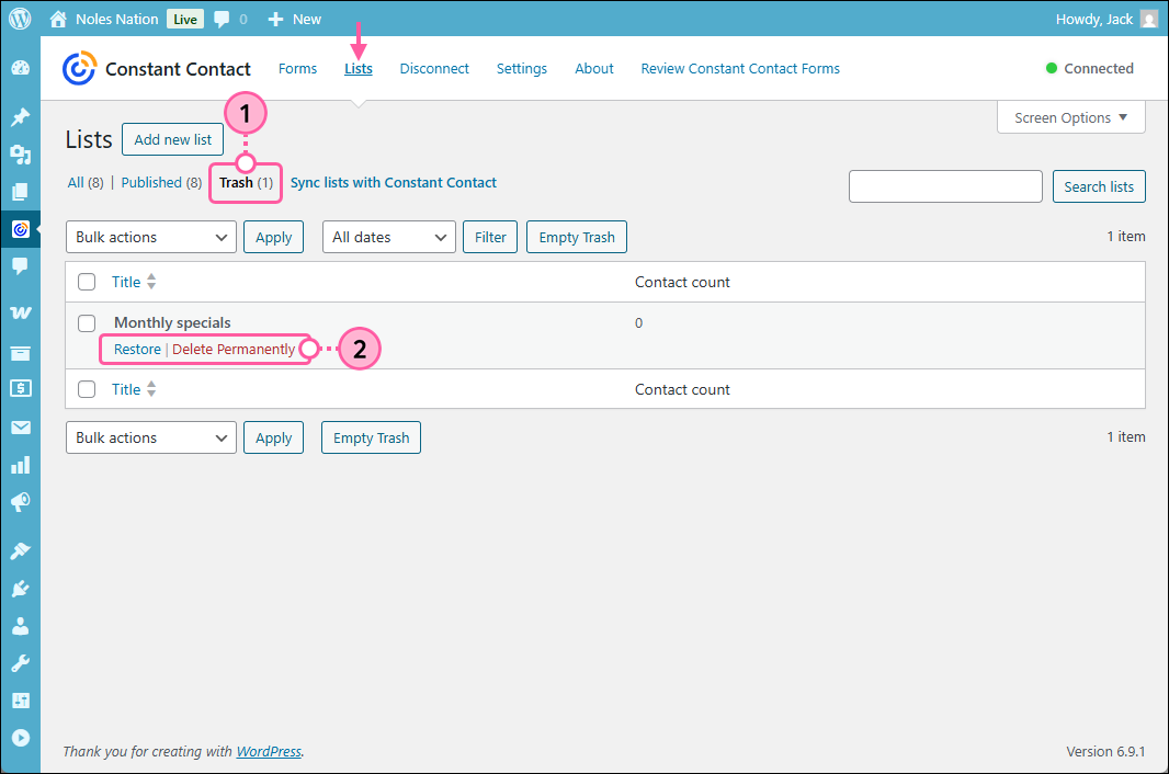 tact form menu with Lists option selected, Lists page with Lists tab selected, Trash option selected, and list with Restore and Delete Permanently options displayed