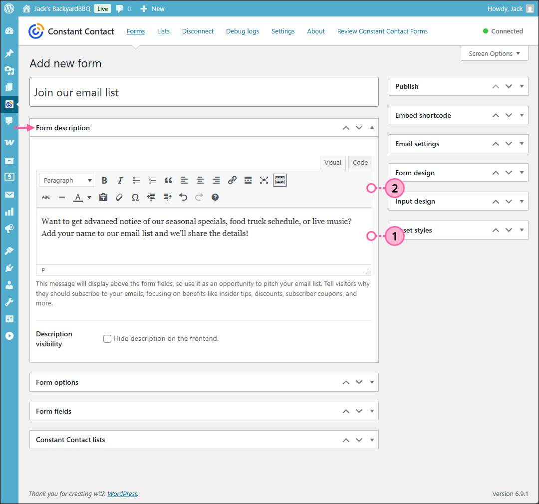 WordPress Contact Form Add new form page, Form description page with content and text editing tools
