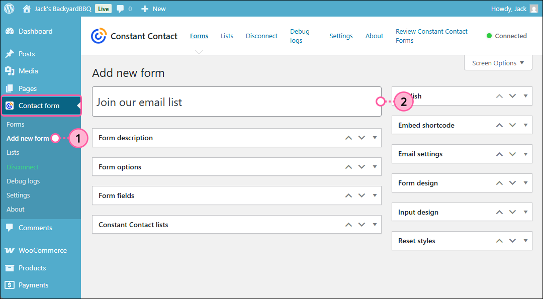 WordPress Contactact form option with menu expanded, Add new form option, and Form name field