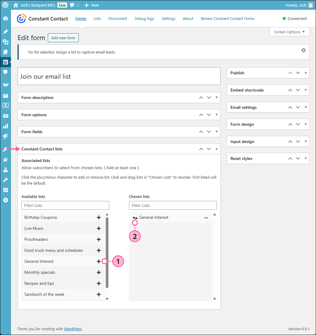 WordPress Contact Form Add new form page, Constant Contact lists section expanded, Available lists with Add icons, and Chosen lists with sort icons