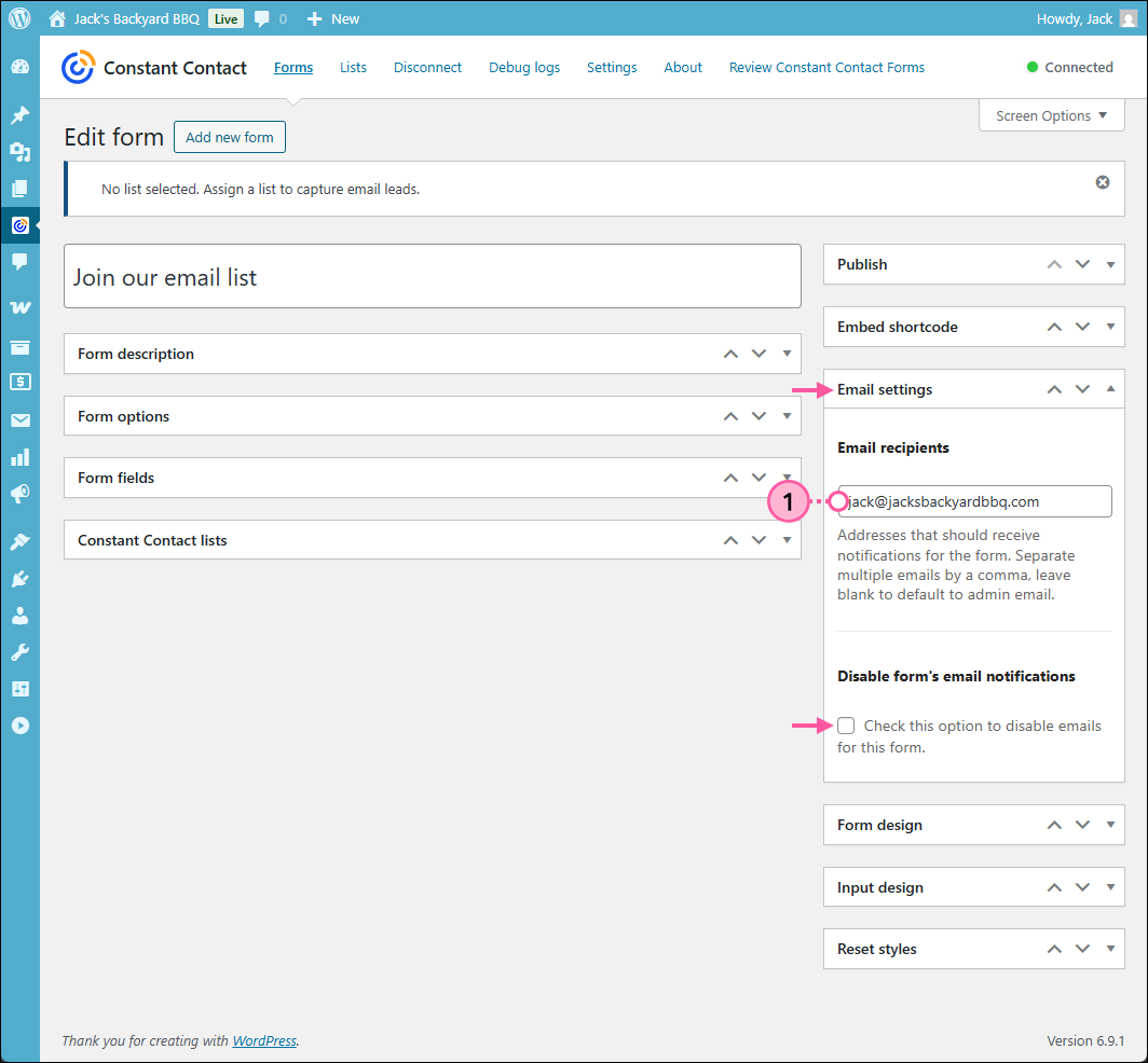 WordPress Contact Form Add new form page, Email settings section expanded with Email recipients field and Disable form's email notifications option