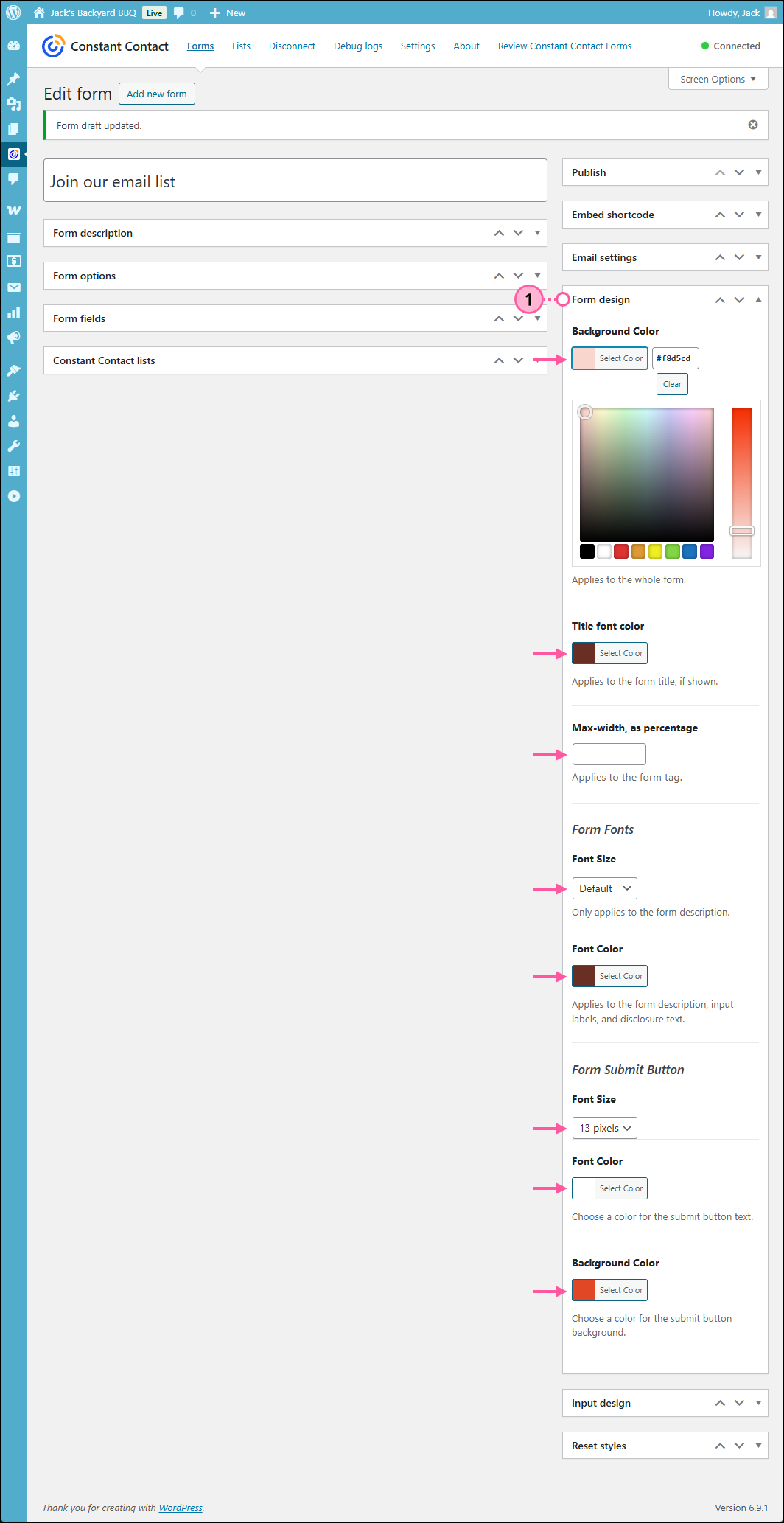 WordPress Contact Form Add new form page, Form design section expanded, Background color option with color picker options displayed, Text font color option, Mad-width as percentage field, Form Fonts section with Font Size drop-down menu, Font color option, Form Submit Button section with Font size drop-down menu, Font Color option, and Background Color option