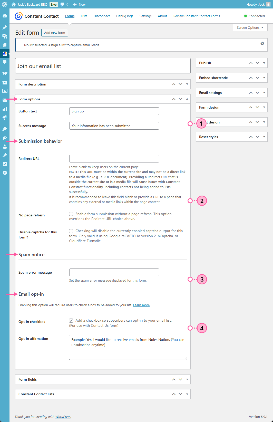 WordPress Contact Form Add new form page, Form options section expanded with Button text field, and success message field, Submission behavior section with Redirect URL field, Spam notice section with Spam error message field, and Email opt-in section with Opt-in checkbox option and Opt-in affoirmation field