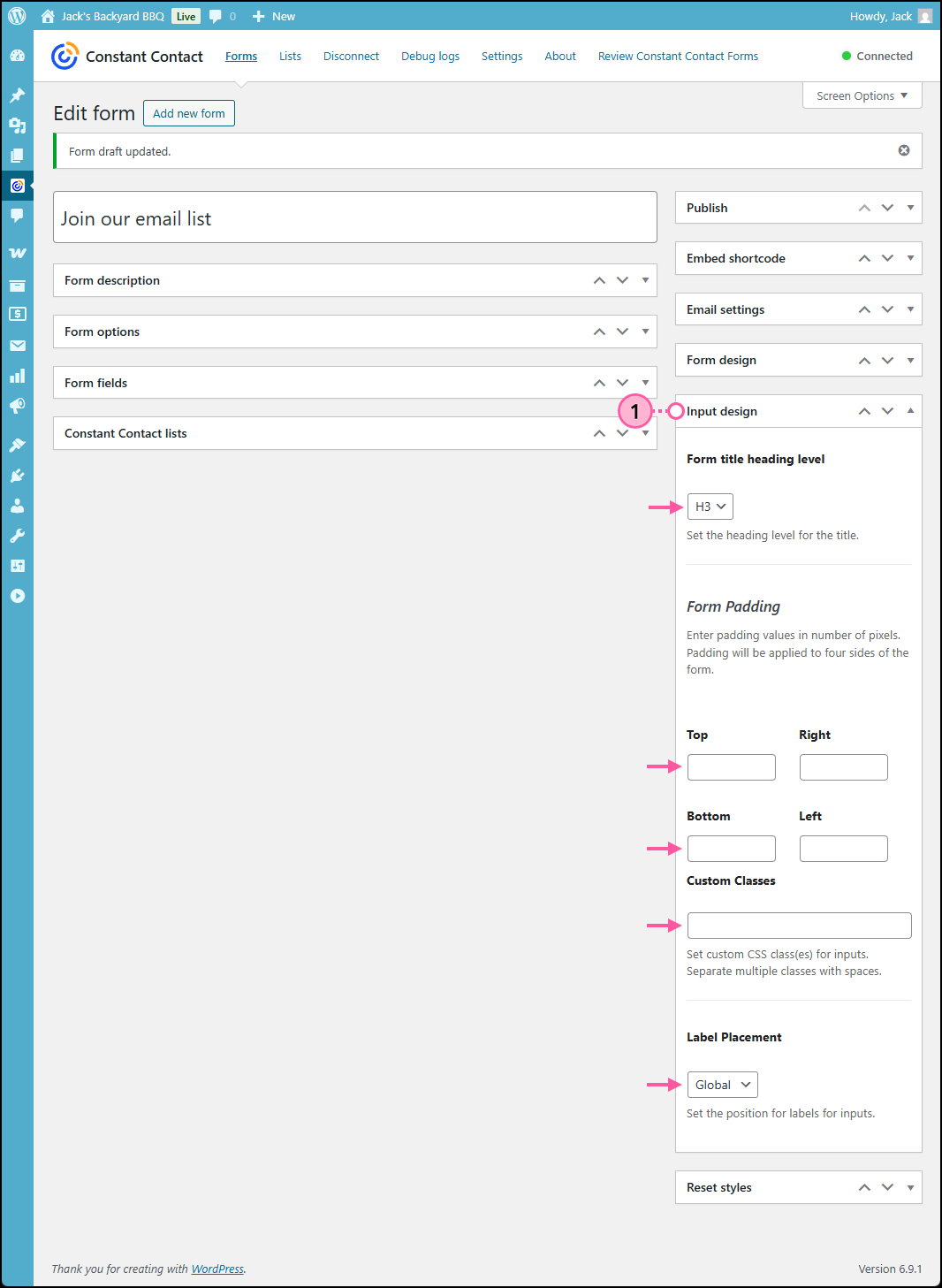 WordPress Contact Form Add new form page, Input design menu expanded with Form title heading level drop-down menu, Form Padding options and Custom Classes field, and Label Placement drop-down menu