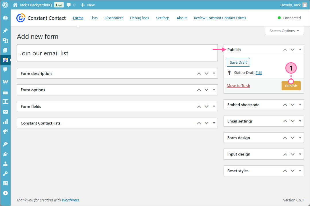 WordPress Contact form, Add new form page with Publish section expanded and Publish button