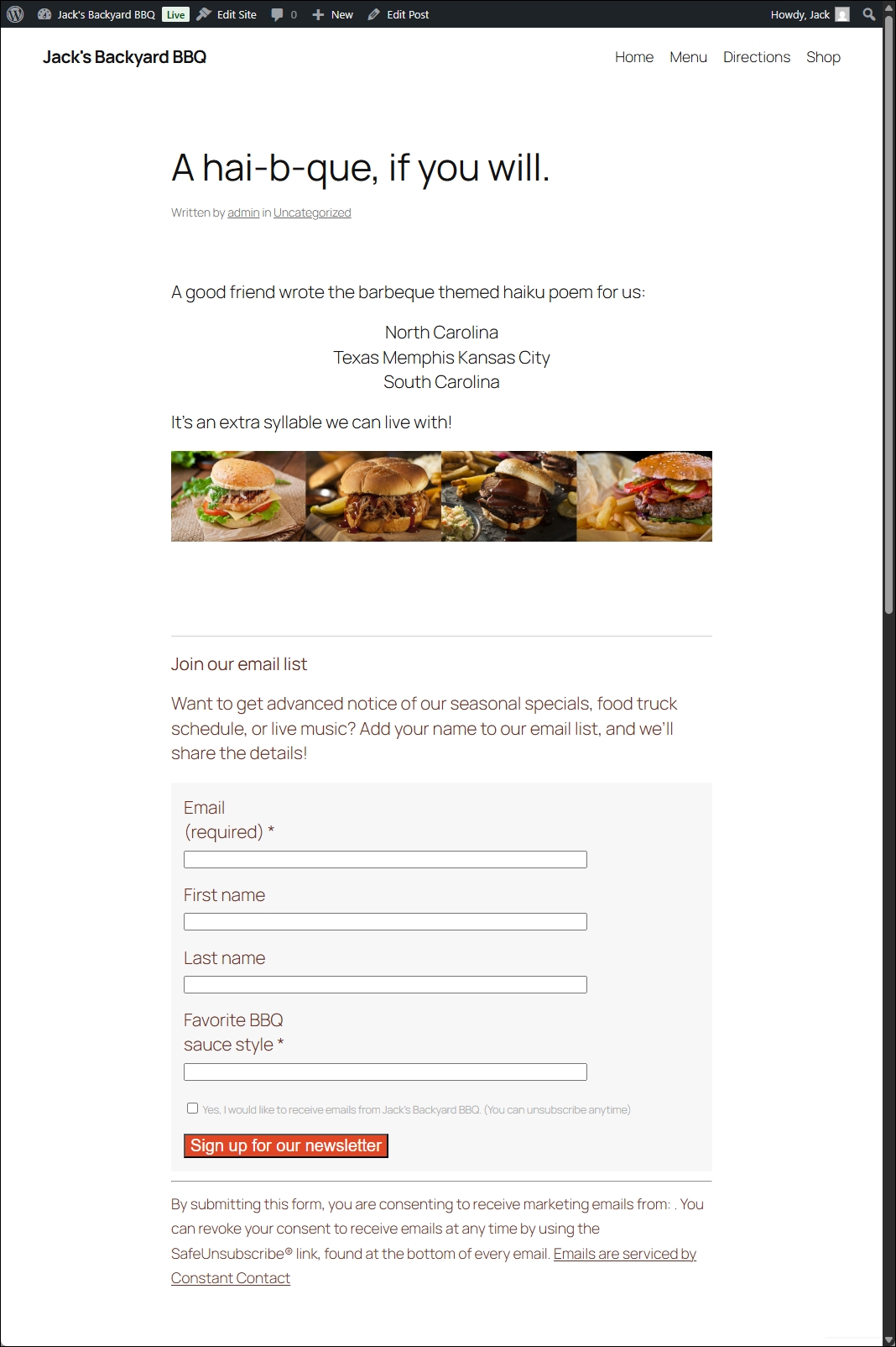 Wordpress page with Constant Contact Form visible with stying