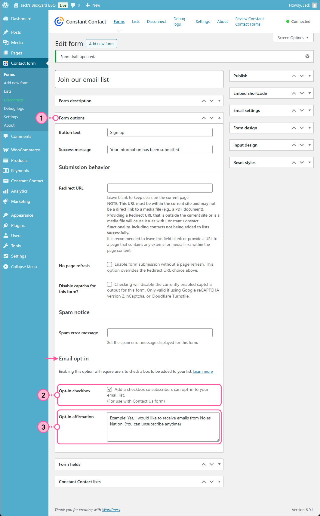 Wordpress Contact Form, Form options section expanded, Email opt-in section with Opt-in checkbox and Opt-in affirmation field
