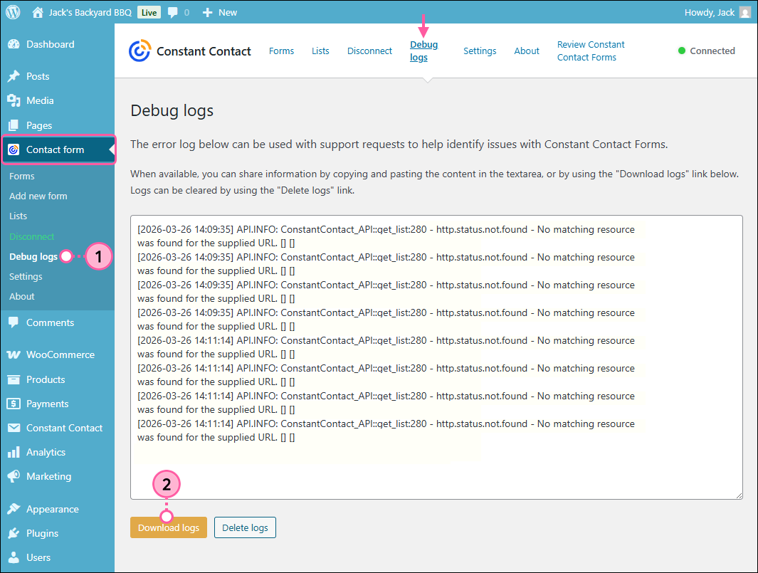 WordPress dashboard, Constant Contact Form menu expanded and Debug Logs options selected, error log, and Download logs button