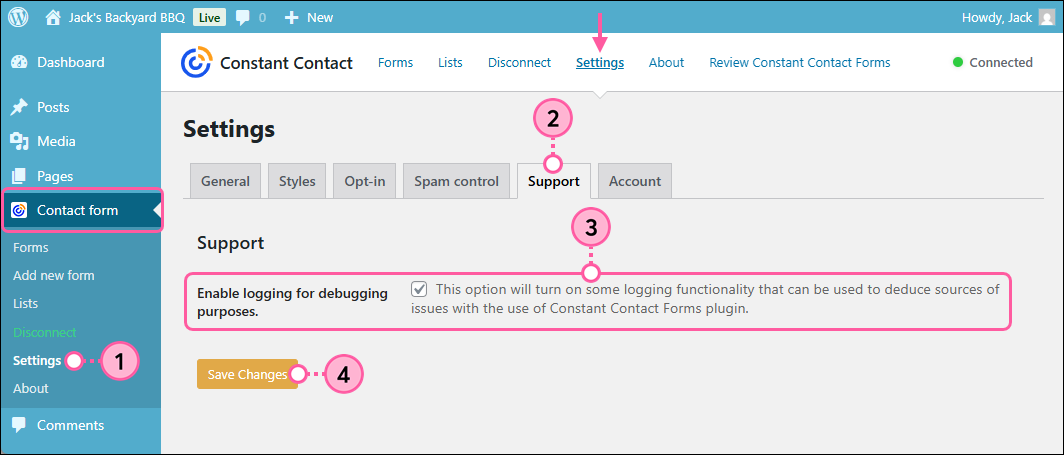 Wordpress dashboard, Constant Contact Form menu expanded and Settings option selected, Support tab selected, Enable logging for debugging purposes option selected, and Save Changes button
