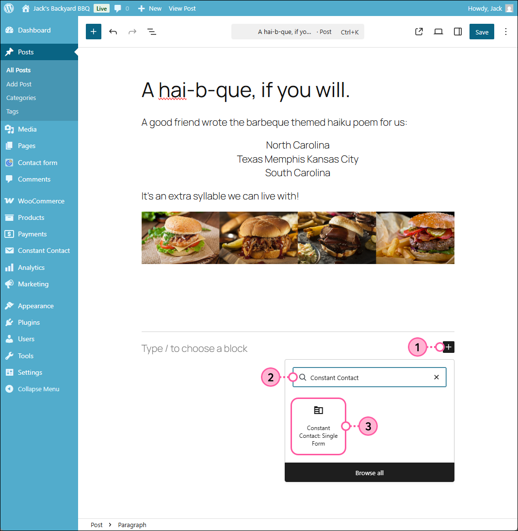 WordPress post editor, add new block button, block search field and search results with Constant Contact: Single Form block option