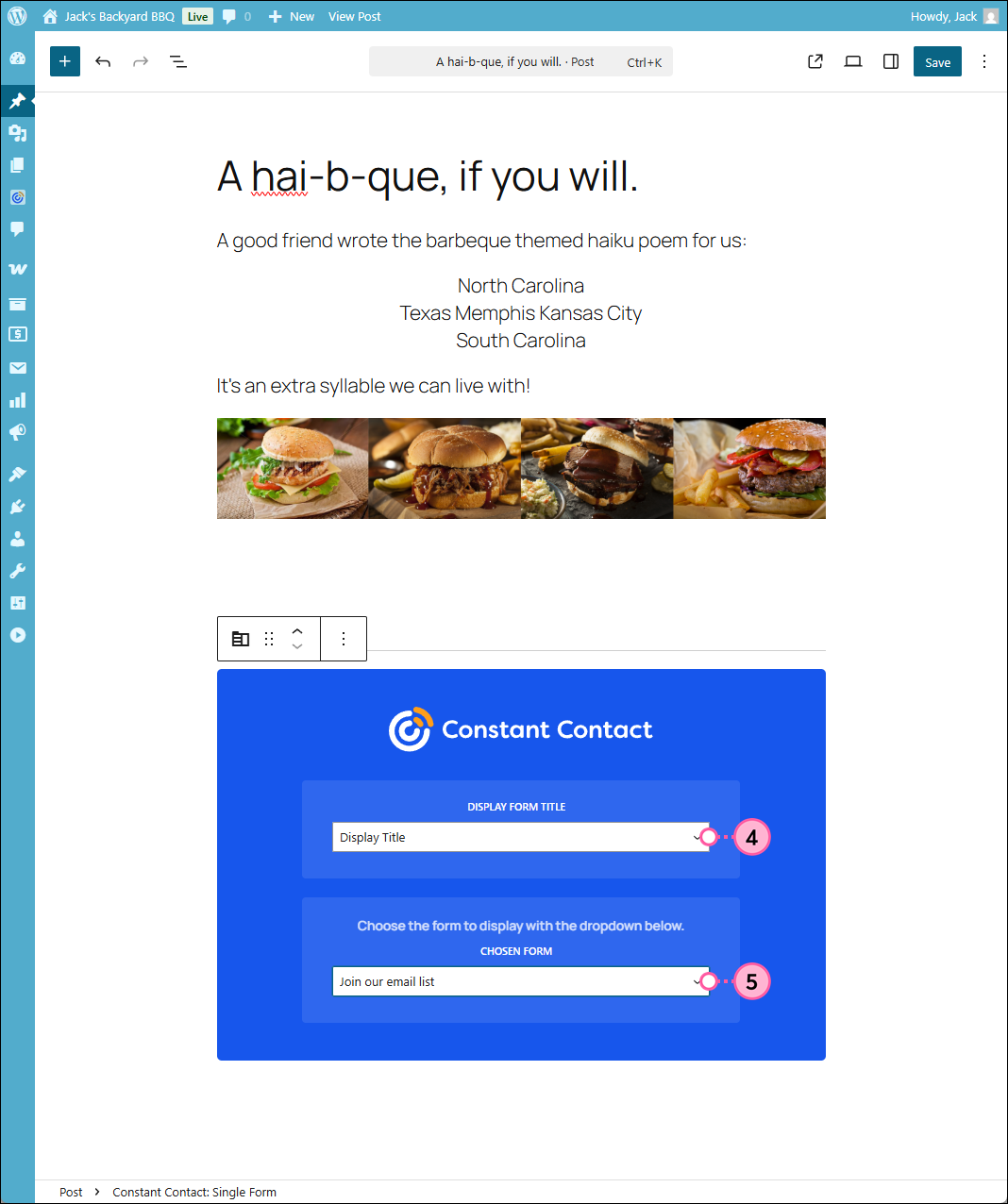 WordPress Post editor with Constant Contact Form widget showing the Display Title option and Choose a form drop-down menu