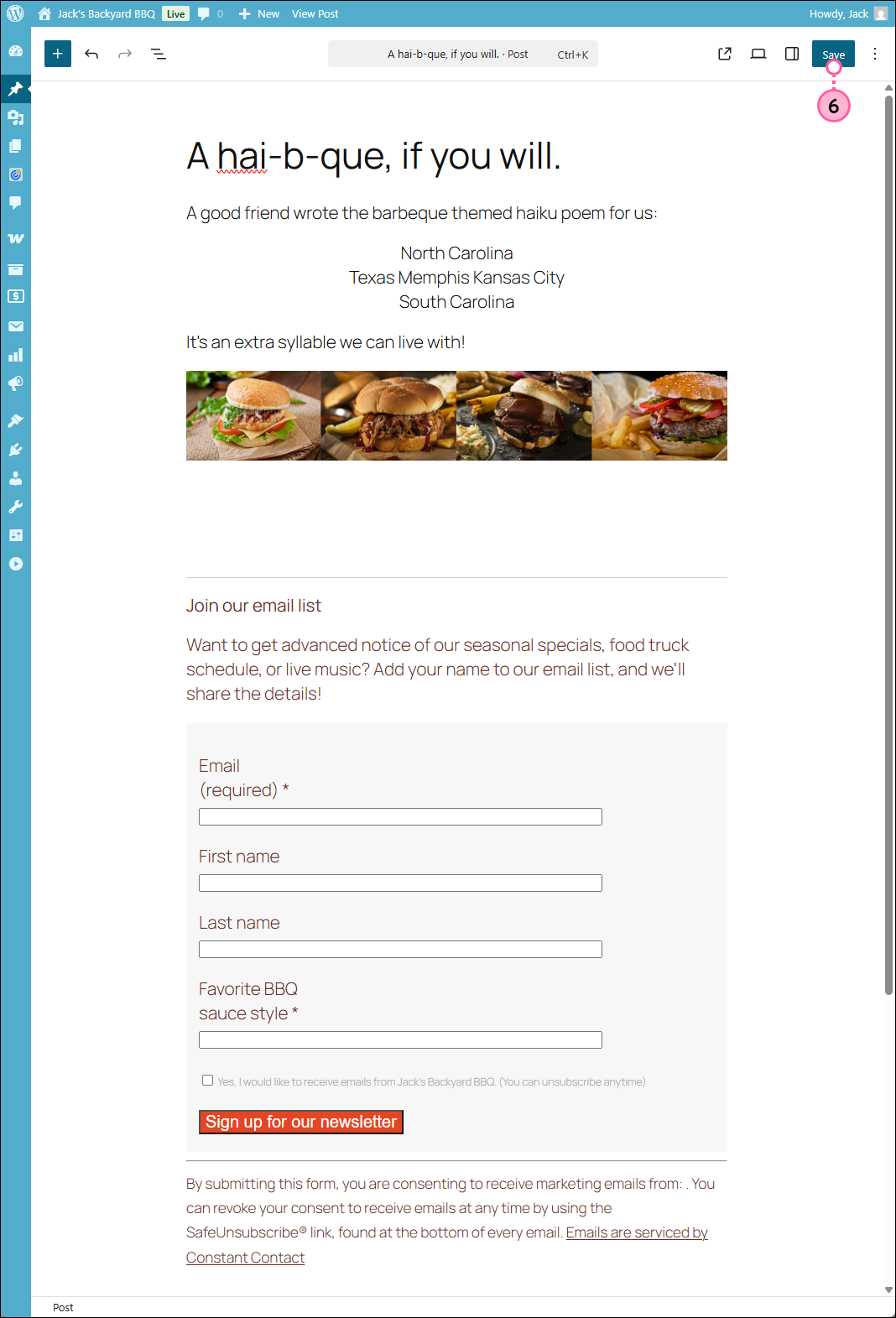 WordPress post editor with Constant Contact Form widget displaying styled form, and Save button
