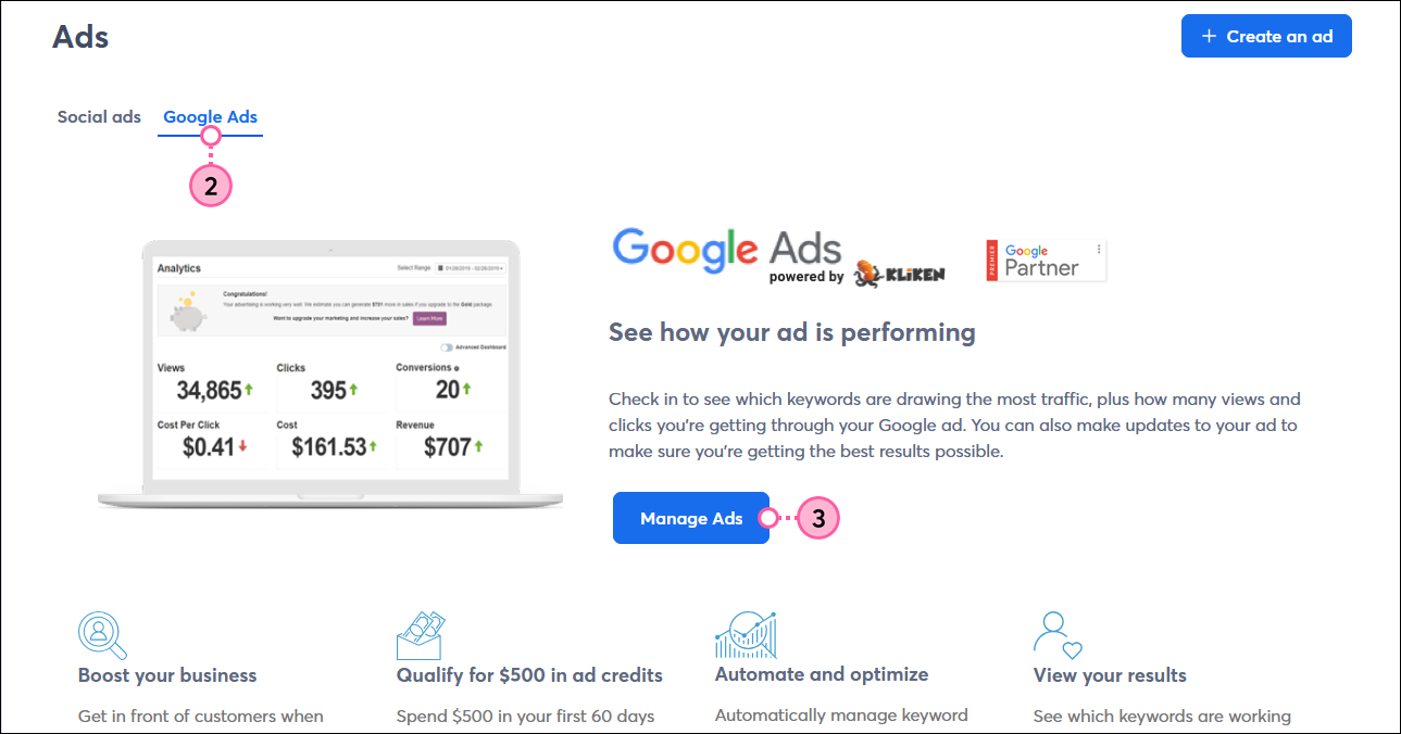 Ads dashboard with Google Ads tab selected, and Manage Ads button