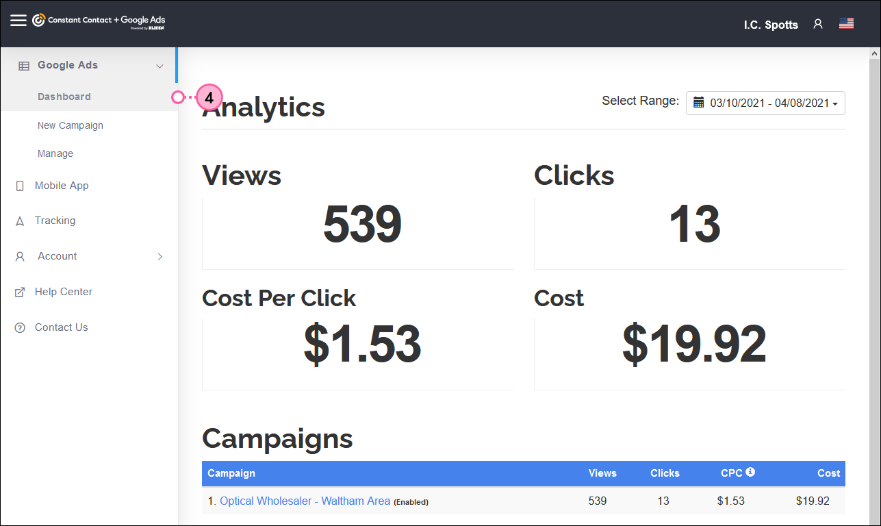 Kliken Google Ads Dashboard and Analytics, including views, clicks, cost per click, and total cost data