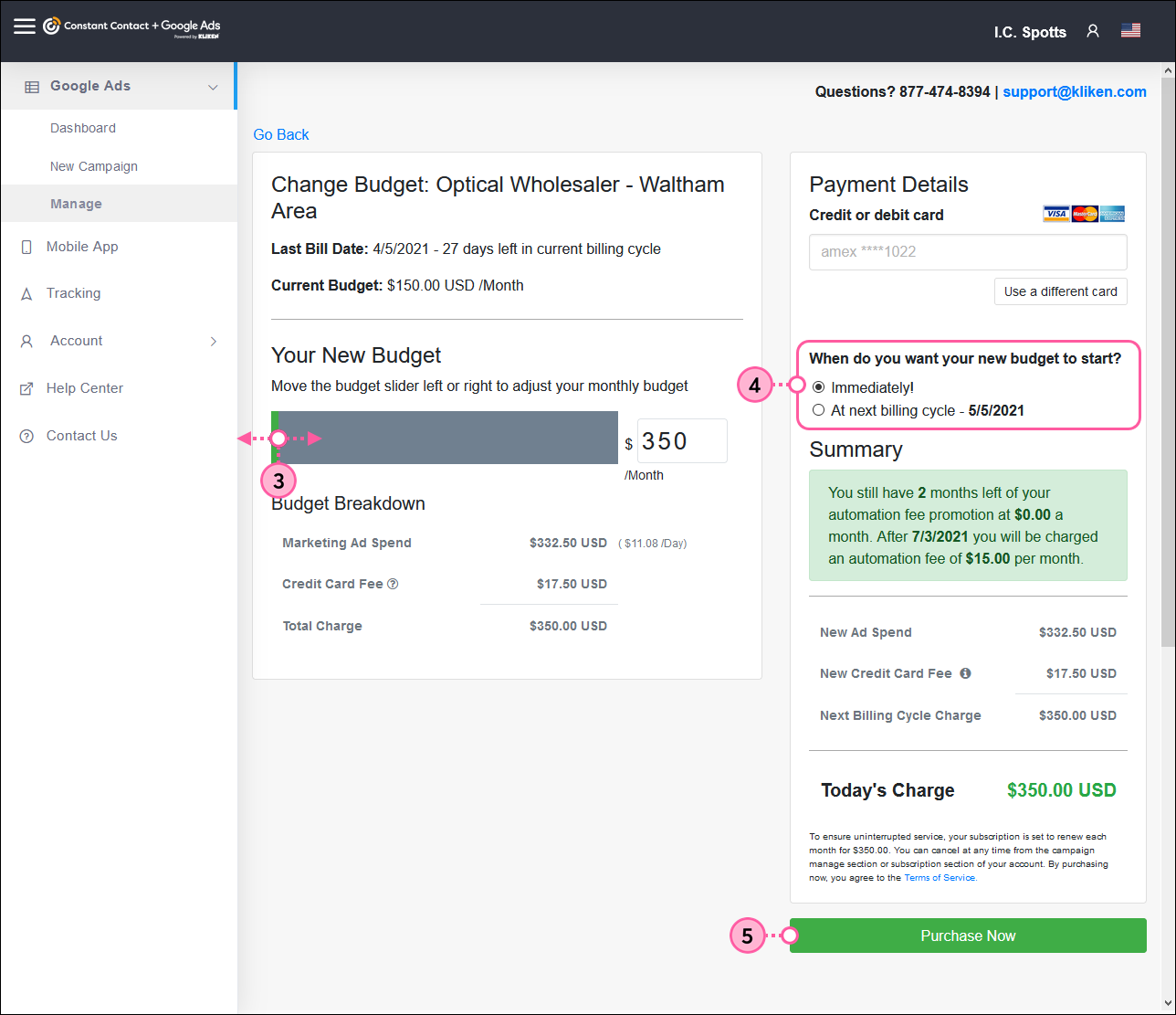 Kliken Google Ads manager, Change Budget page, with Your New Budget slider, Payment Details and Summary sections, and Purchase Now button
