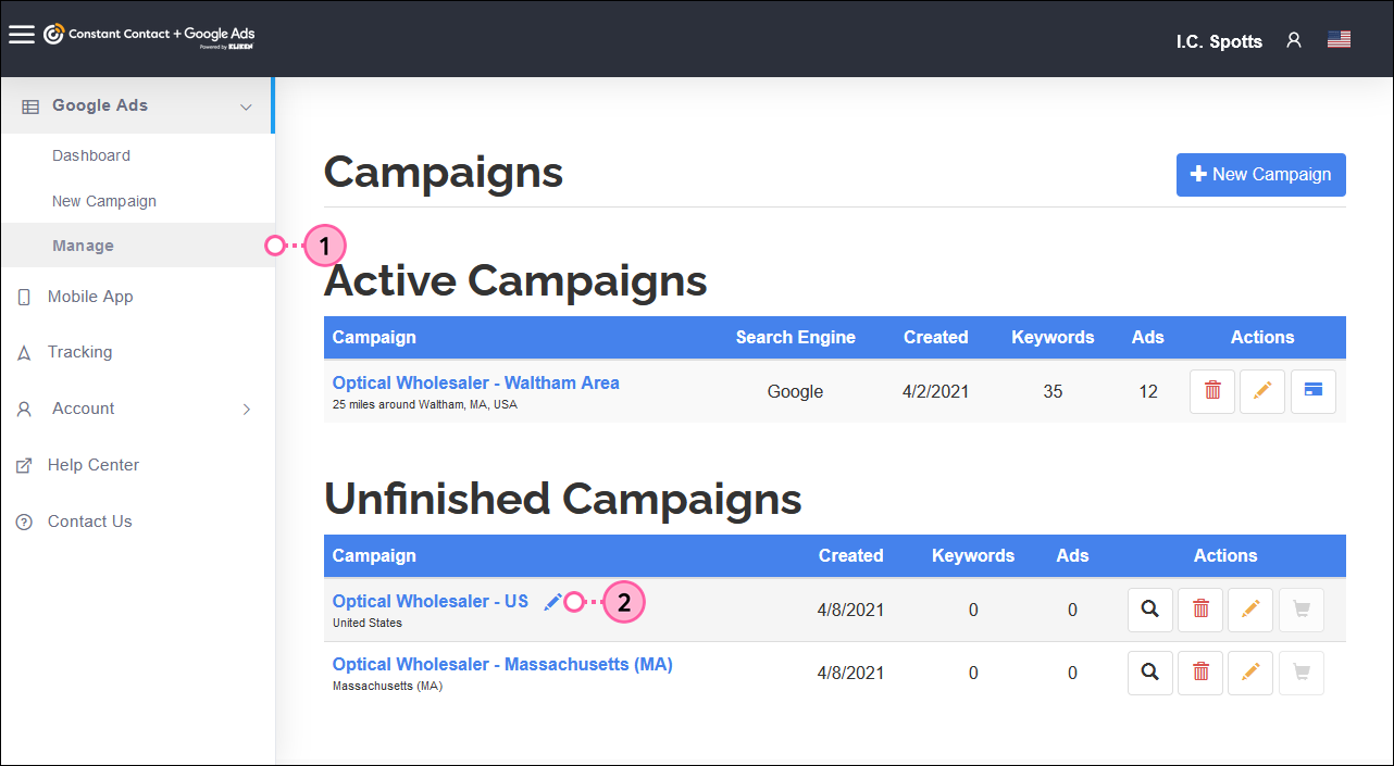 Kliken Google Ads manager, campaign name with edit icon