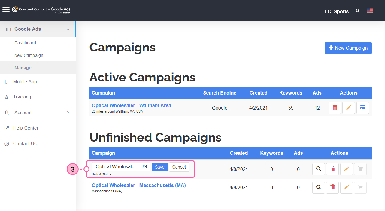 Kliken Google Ads manager, campaign name field and Save button