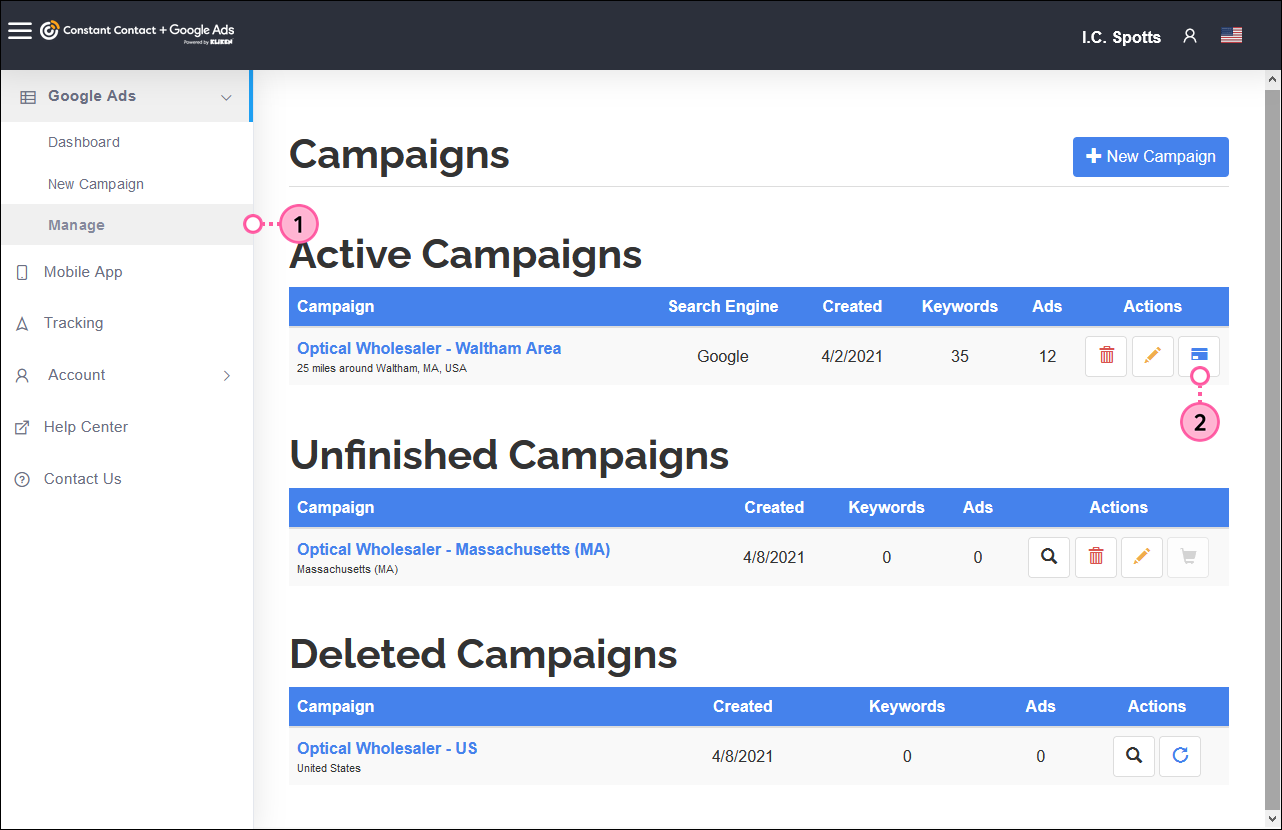 Kliken Google Ads manager, active ad and Change Budget button
