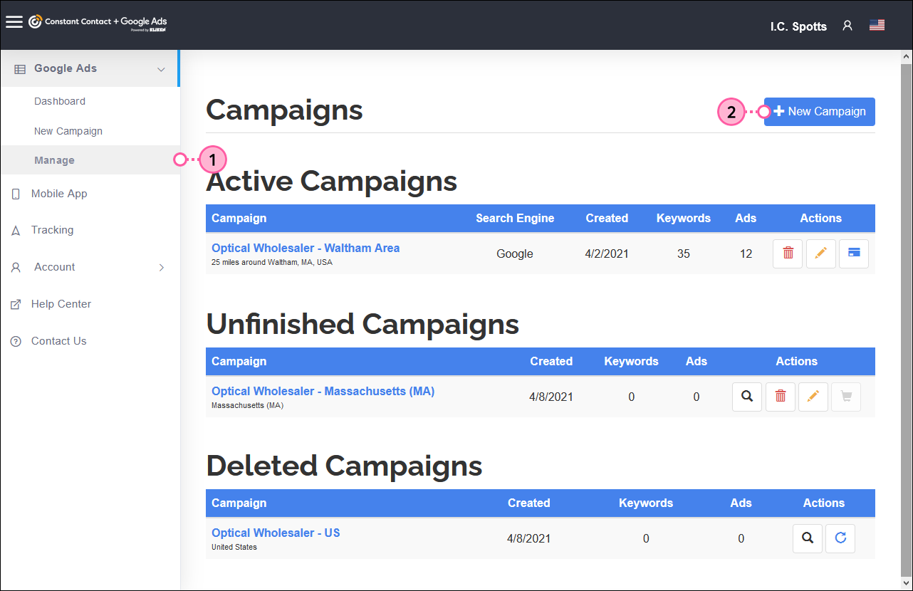 Kliken Google Ads manger and + New Campaign button