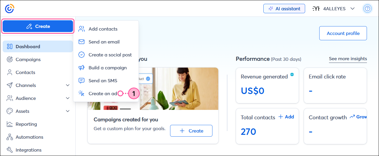 Constant Contact home dashboard with left-hand menu, Create button with drop-down menu expanded, and Create an ad option selected