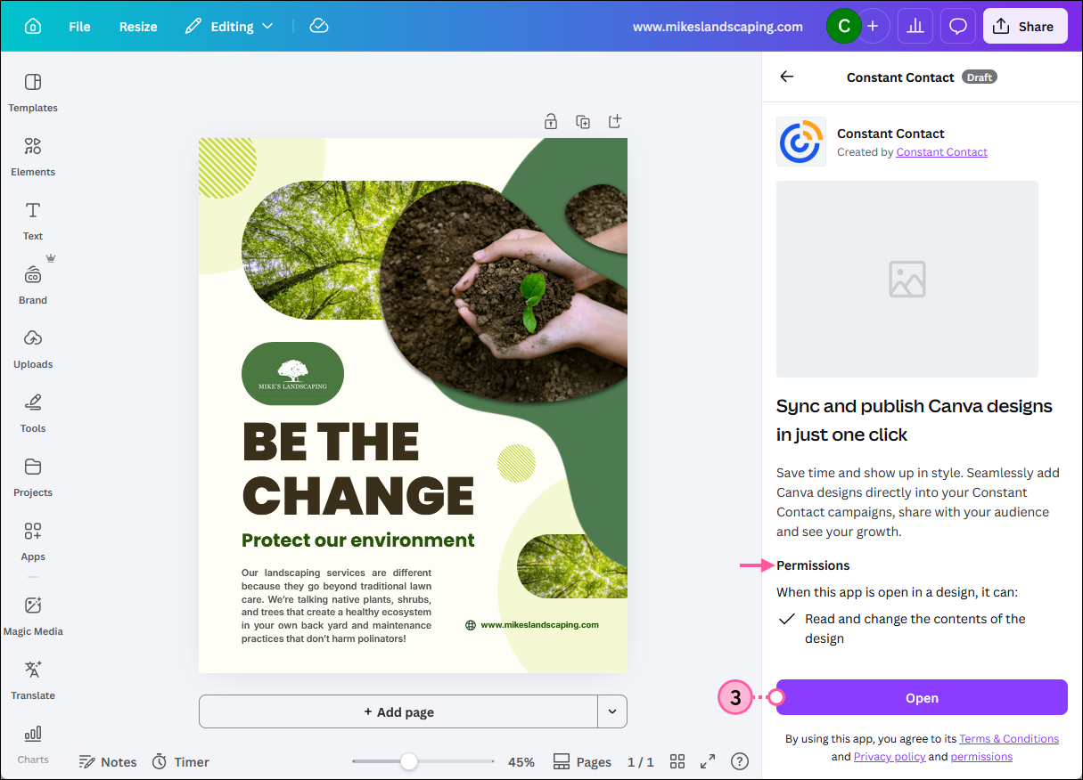 Canva social post with Constant Contact panel expanded, app permissions, and Open button