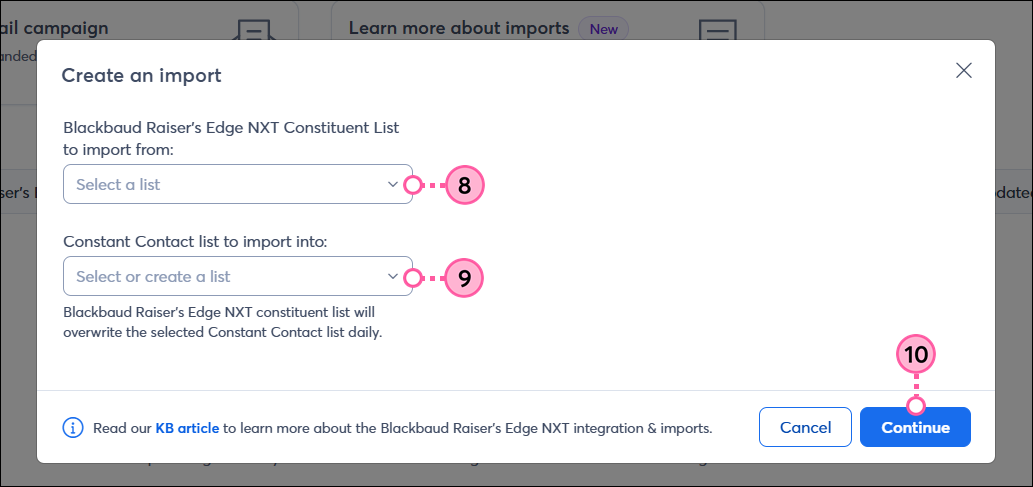 Select Blackbaud to import from and CTCT list to import into