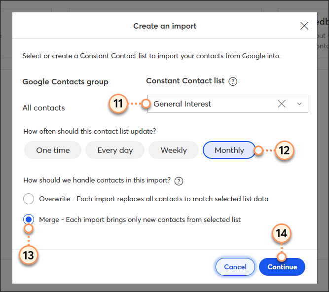 Google Kontakte importieren, Kontaktliste auswählen, Häufigkeit und Importtyp