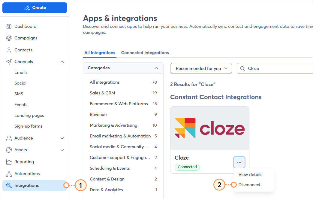 Integrations page Cloze block Disconnect