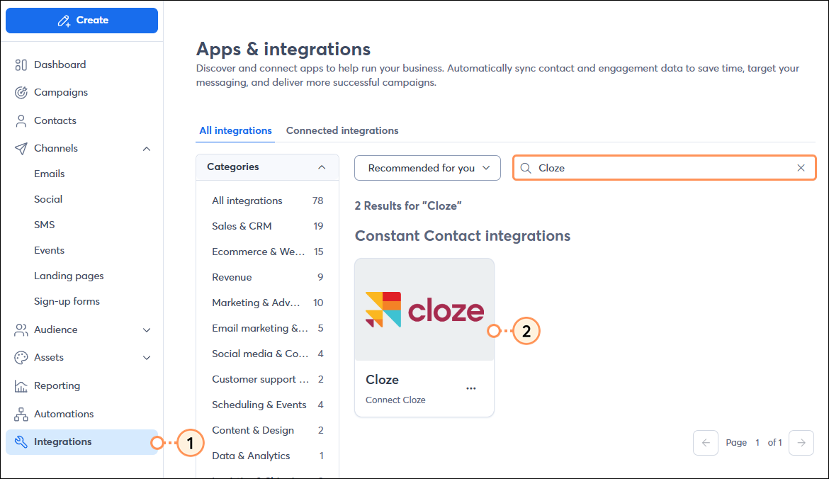 Integrations menu option All Integrations tab Cloze block