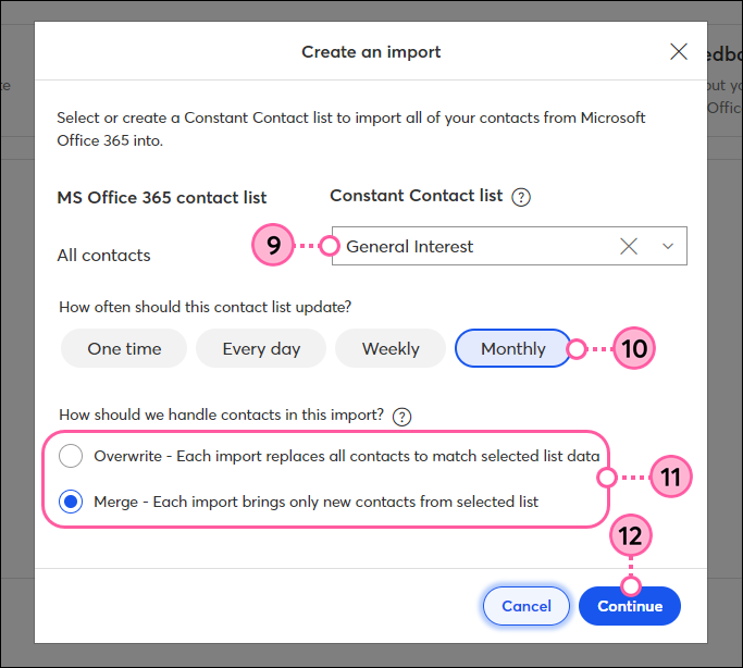 Select list for import, frequency, and whether to merge or overwrite