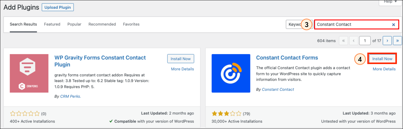 Plugins Search Field and Install Now Button